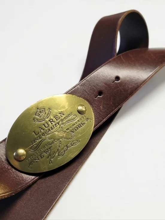 Ralph Lauren Brown Leather Belt L Genuine Leather Large Brass Buckle Vintage - Picture 1 of 8